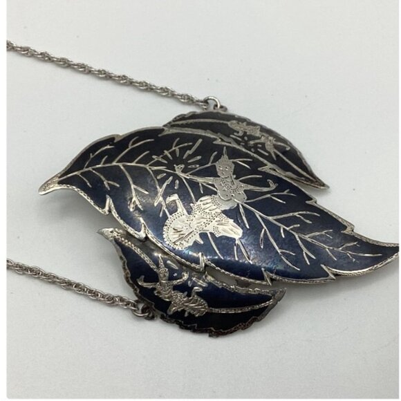 Vintage Siam Sterling Silver & Enamel Leaf Pendant Necklace 14.39g - 20" long - Picture 3 of 8